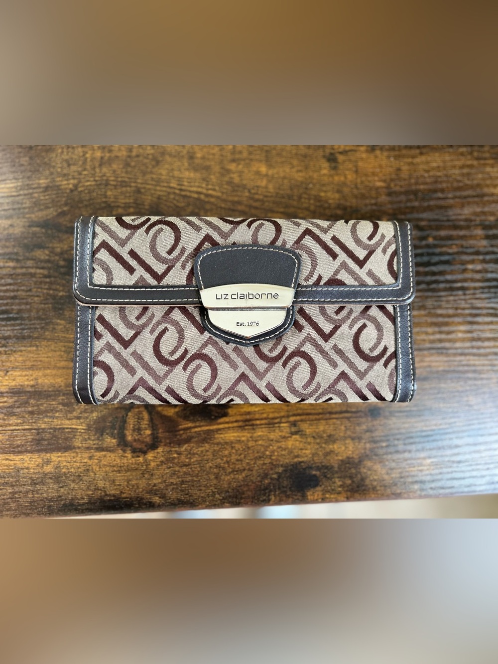 Liz Claiborne Brown Monogram Trifold Wallet Vintage Organizerpr